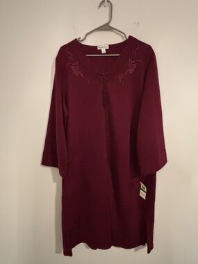 NWT MISS ELAINE quilted zip front robe burgundy housecoat sz L kaftan loungewear